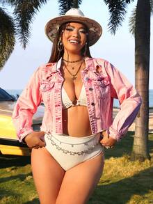 SHEIN ICON 加大码粉色时尚个性化短款牛仔外套 - 粉色 - 查看 3