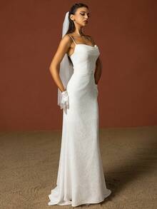 Women Simple Spaghetti Strap Slimming French Style Light Wedding Dress - White - View 6