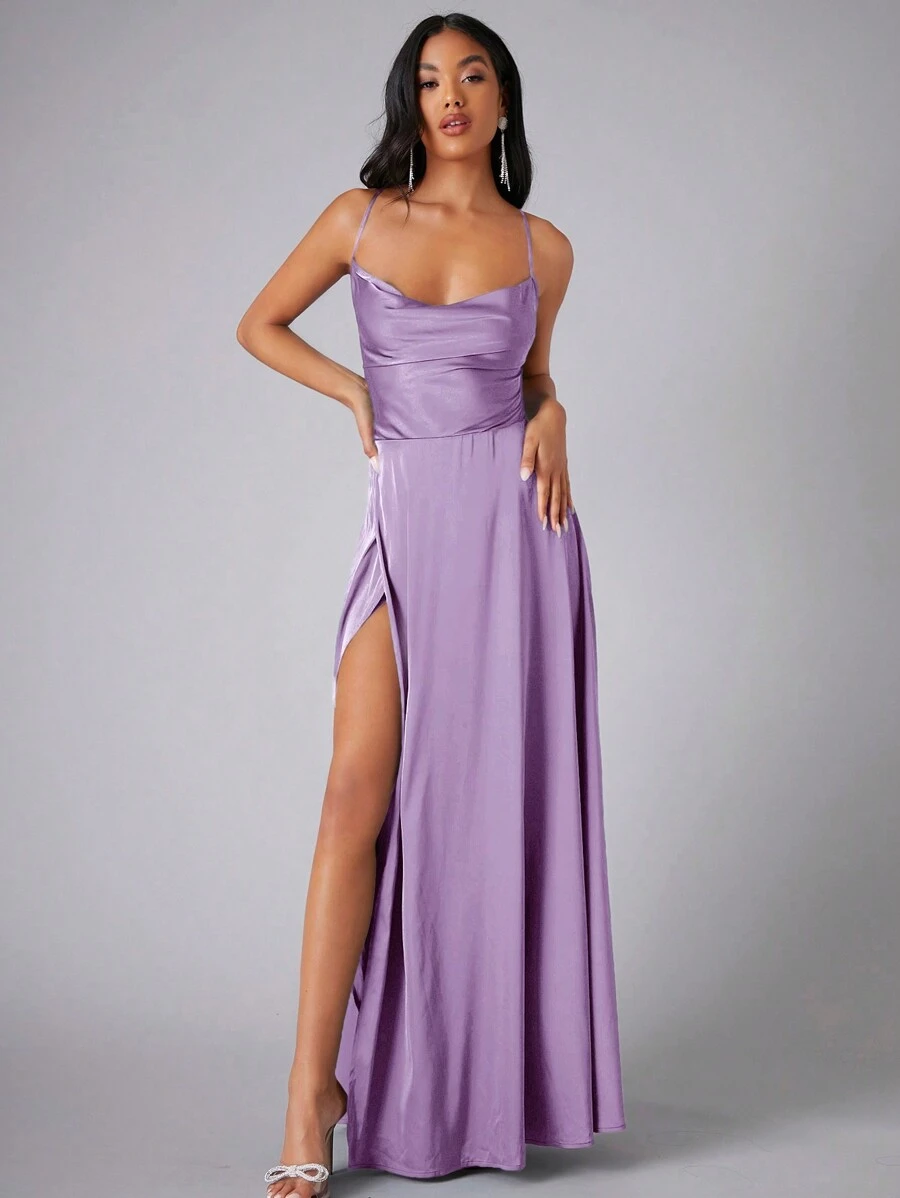 SHEIN Belle 伴娘礼服,带围脖领、侧开衩和细肩带,优雅正式晚会舞会婚礼宾客礼服,适合毕业典礼、晚宴派对礼服 - 紫丁香色 - 查看 1