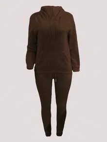 Túi kangaroo Tay áo dài Dây rút Hoodie Và Quần thể thao Bộ - màu nâu - Xem 3