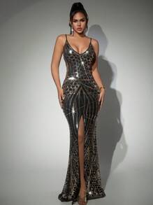 Váy dạ hội dự tiệc cưới thanh lịch, cổ chữ V, dây mảnh lấp lánh, hở lưng, xẻ tà, viền đuôi cá, váy hai dây - Vàng - Xem 1