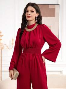 Modelyn Bộ đồ liền thân tay đèn lồng cổ đứng màu đỏ tía có thắt lưng cho nữ - Màu Đỏ Sâu - Xem 4