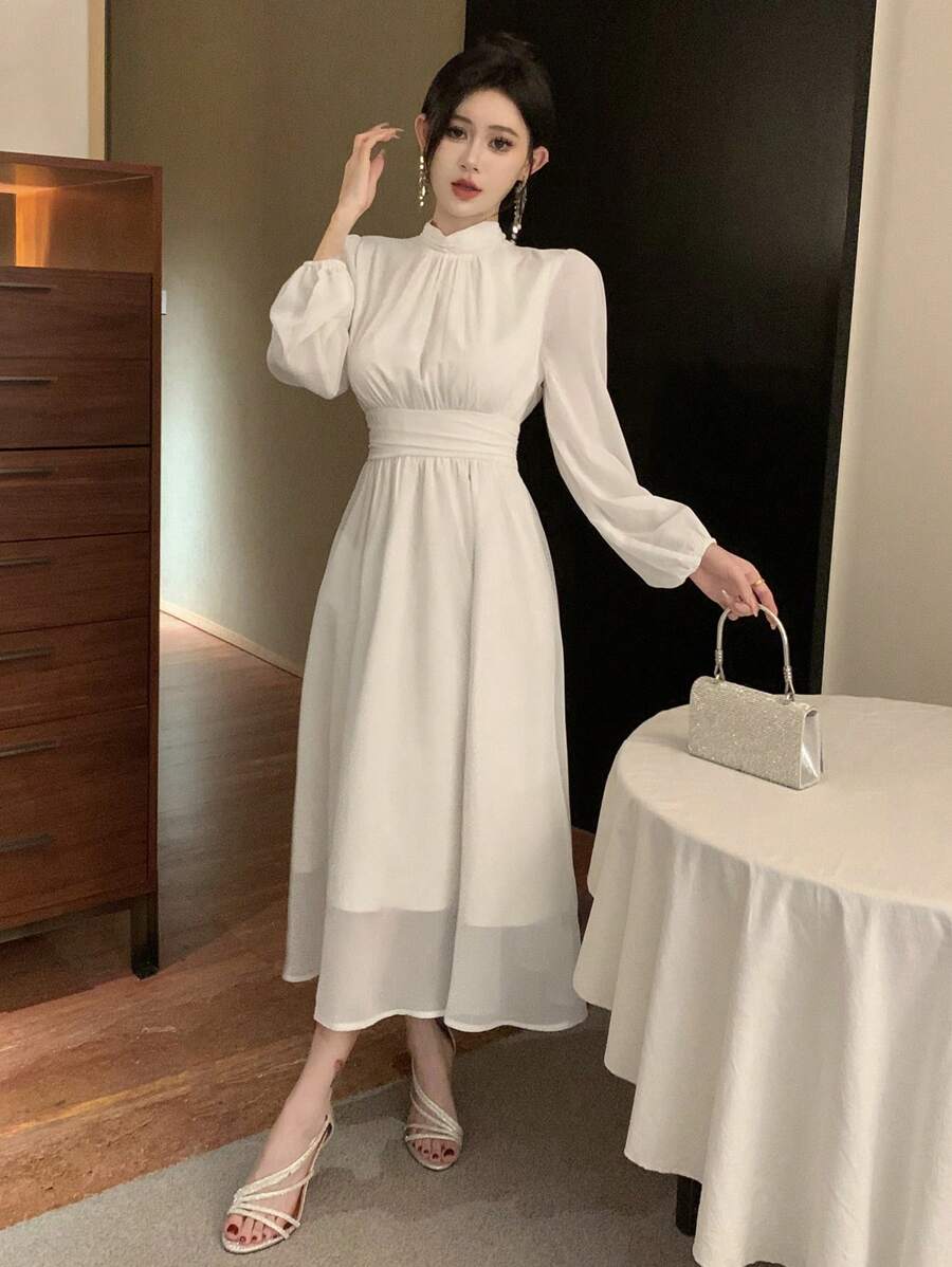 DAZY 纯色系带长袖连衣裙，饰有荷叶边，适合女士，可作生日、新年、舞会礼服、秋季服装等优雅女装。 - 米色 - 查看 1