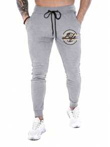SHEIN Men's Letter Print Drawstring Waist Sports Pants - Grey - View 5
