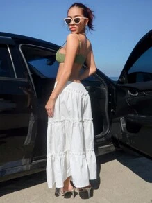 SHEIN ICON Women's Super Low Waist Pleated Ruffle Detail Cake Layered Skirt With Umbrella Shape Swing Hem