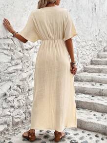 SHEIN LUNE 女款蝙蝠袖百褶連身裙 - 杏色 - 查看 2