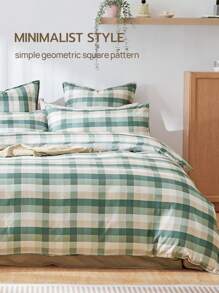 LongNap™ 3-teiliges Bettbezug-Set im Premium Gingham Preppy Stil, dicker Stoff mit 95GSM, angenehmes und atmungsaktives Gefühl für heiße Schläfer, ideal für Schlafzimmer oder Studentenwohnheime, Bettbezug mit Knöpfen und 8 Eckbändern *1, Kissenbezug *1/2, Grün