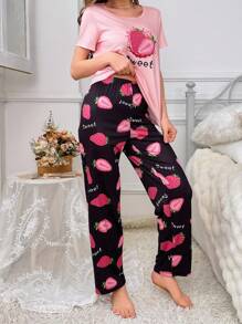 Women's Strawberry & Letter Print Pajama Set - Multicolor - View 3