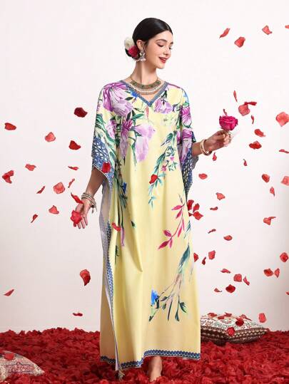 Divindia Women's Style Batwing Sleeve Floral Print Dress