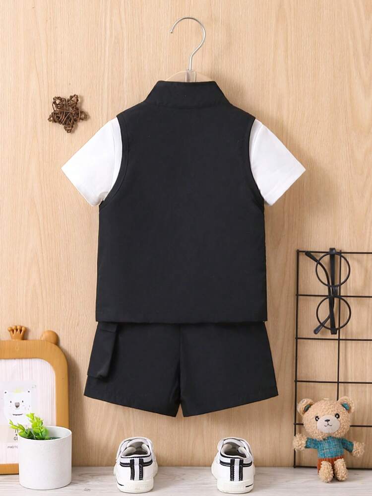 Baby Boy Zipper Front Utility Vest Jacket And Round Neck Short Sleeve T-Shirt And Shorts Set