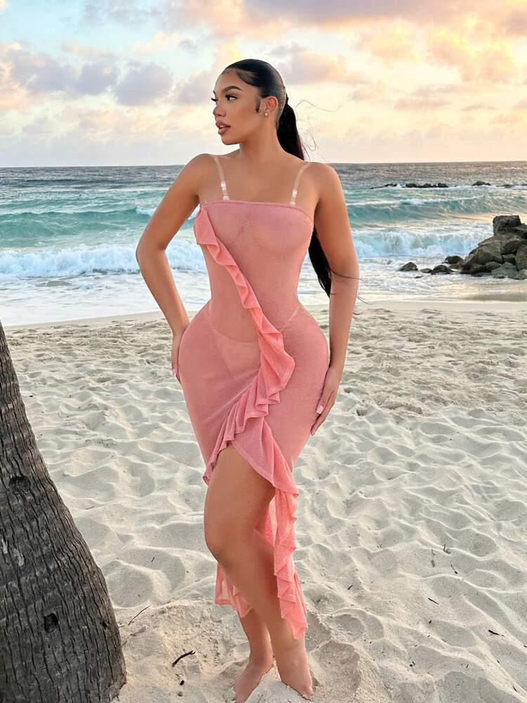 Sexy Sheer Mesh Ruffle Hem High Slit Dress With Transparent Shoulder Straps