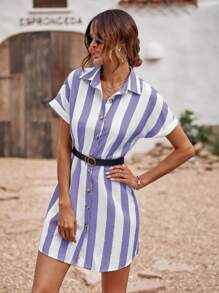 SHEIN Clasi 休閒前紐扣條紋女士連衣裙 - 藍白色 - 查看 5