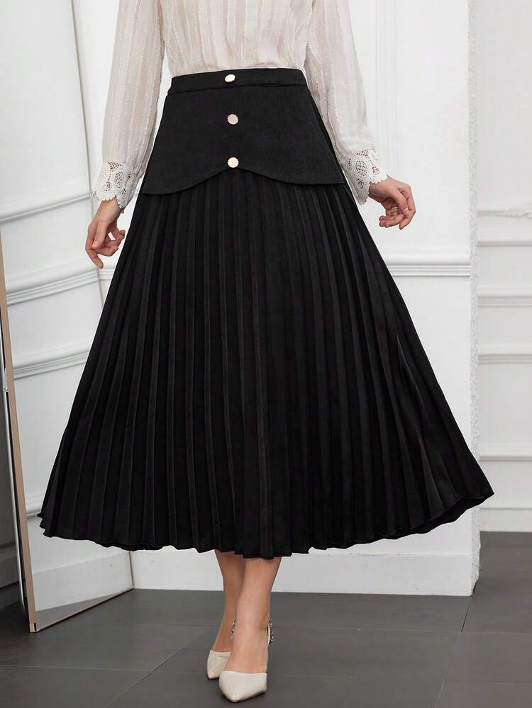 Women's Button Decorated Pleated Skirt Fall Cloth For Women