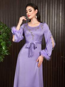 Modelyn Women's Botanical Embroidered Patchwork Furry Sleeve Hem Dress, Elegant Evening Party Dress Long Evening Dresses Fall Cloth For Women - Purple - View 1