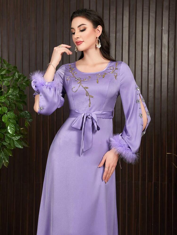 Women's Botanical Embroidered Patchwork Furry Sleeve Hem Dress, Elegant Evening Party Dress Long Evening Dresses Fall Cloth For Women