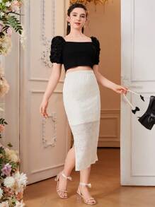 Cao eo Viền chia cắt Hình hoa Váy ren - trắng - Xem 5