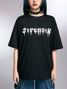 ROMWE Grunge Punk 女士宽松尖牙与字母印花圆领 T 恤，学校，男女通用 - 黑色 - 查看 7