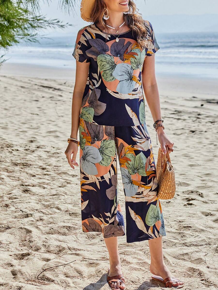 Sylviya Sommer Druck Rundhals Kurzarm Und Weite Beinhosen Frauen Zweiteiliger Satz Für Landschaft Und Strandurlaub - Verschiedenfarbig - Übersicht 1