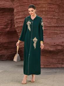 Al Najma Women's Modest Full Length Long Sleeve Emerald Green Hooded Djellaba Dress With Rhinestone Decor - Dark Green - View 1