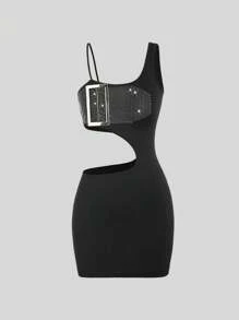 SHEIN Unity Của phụ nữ Thon gọn Xu hướng: Cắt giảm Đầm Với Pha lê Đồ trang trí - màu đen - Xem 1