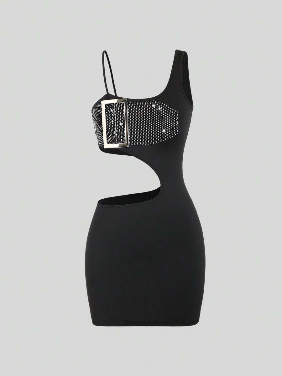 SHEIN Unity Của phụ nữ Thon gọn Xu hướng: Cắt giảm Đầm Với Pha lê Đồ trang trí - màu đen - Xem 1