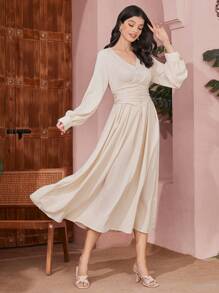 Modelyn Của phụ nữ Màu thuần Tay áo lồng đèn Đầm - Màu be - Xem 5