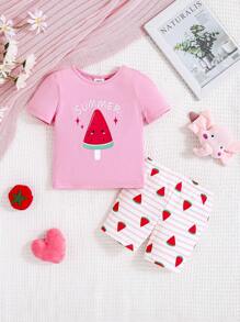 SHEIN Em bé Cô gái Vừa Khít Giải trí & Thoải mái Dệt kim Phim hoạt hình dễ thương In Ngắn tay Áo Và Quần short Trang phục mặc nhà Bộ - Hồng - Xem 1