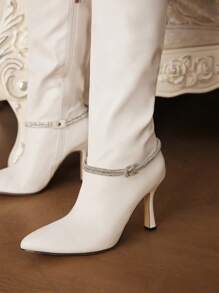 CUCCOO SZL Sexy Fashionable White Pu Diamond Strap Decoration Pointed Toe High Heel Over The Knee Boots For Women