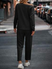 SHEIN LUNE unicolor de cuello asimétrico Camiseta & con bolsillo oblicuo Pantalones - Negro - Ver 2