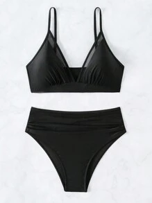 SHEIN Swim 女士网纱插入和褶皱细节比基尼套装，简约性感风格，适合夏季海滩，比基尼套装泳衣海滩装 - 黑色 - 查看 6