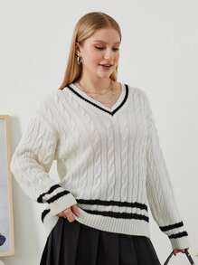 RueChic Suéter De Talla Grande Con Diseño De Rayas, Cuello En V Y Mangas Largas