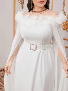 Modelyn Plus Size Women's Off Shoulder Dress With Ruffle Hem And High Slit - White - View 6