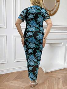 SHEIN LUNE 大尺碼花卉印花修身中空扭結連衣裙 - 彩色 - 查看 2