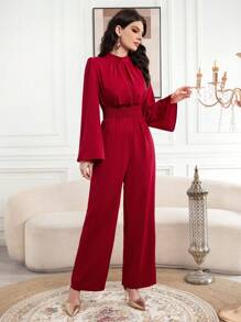 Modelyn Bộ đồ liền thân tay đèn lồng cổ đứng màu đỏ tía có thắt lưng cho nữ - Màu Đỏ Sâu - Xem 8