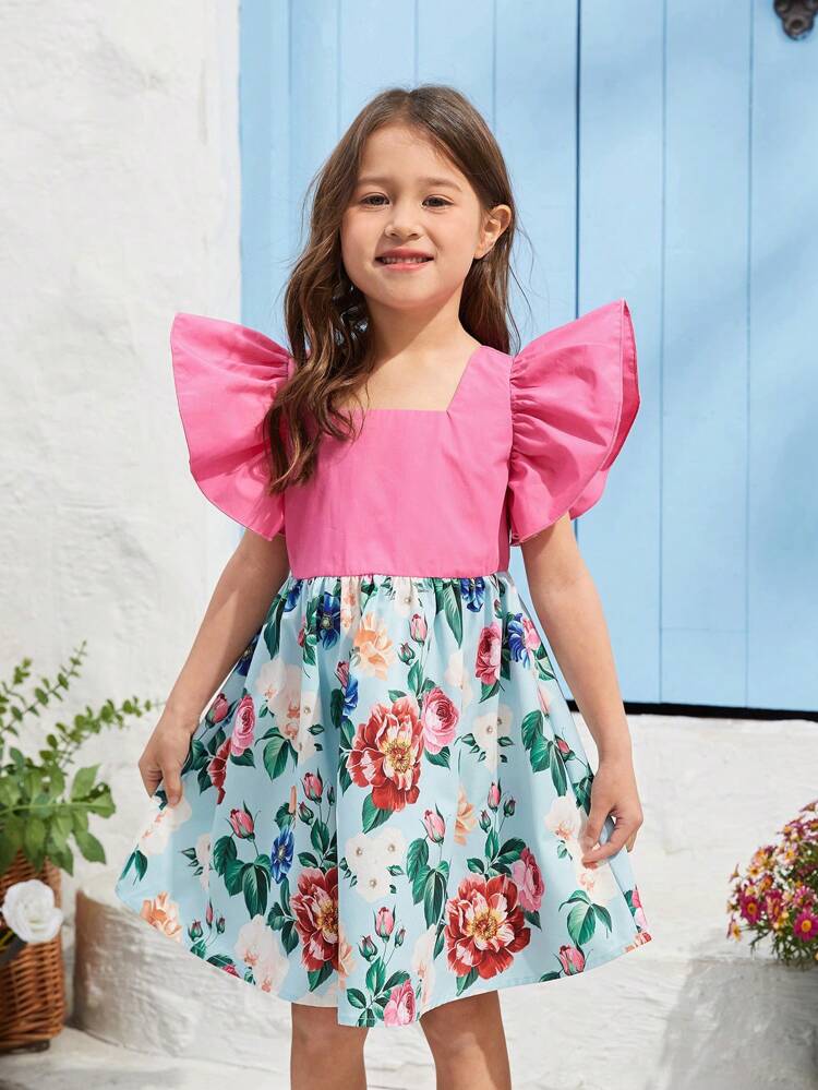 Young Girl's Square Neckline, Ruffled Sleeves, Color Blocking Floral Printed A-Line Dress