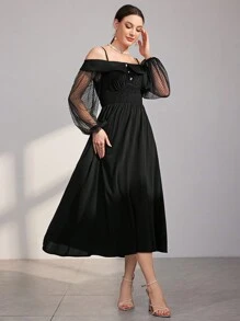 Modelyn Women's Hollow Out Shoulder & Mesh & Lantern Sleeve Dress