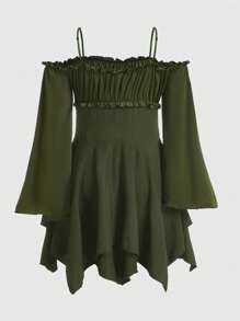 ROMWE Fairycore 大尺碼女士開肩腰帶裙 - 軍綠色 - 查看 2