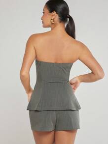 Hauture Pinstripe Zip Tube Top & Shorts Two Piece Set - Grey - View 2