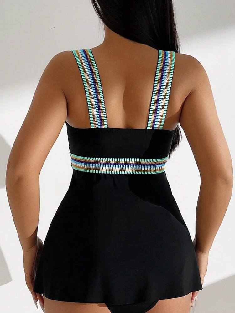 Summer Ladies' Color-Block Woven Strap Wide Strap Tops & Triangle Briefs Tabkini Set