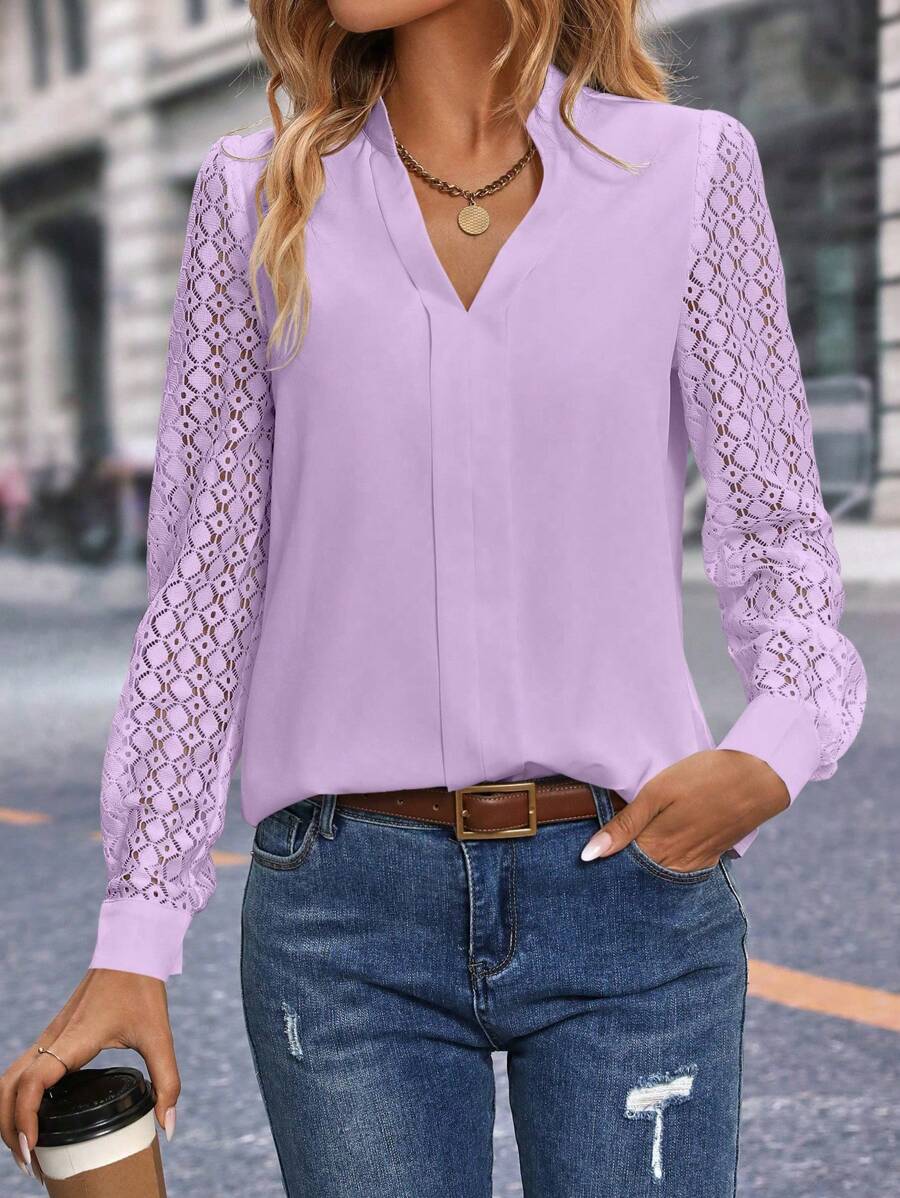 SHEIN Clasi 女士分叉領長袖襯衫 - 淡紫色 - 查看 1