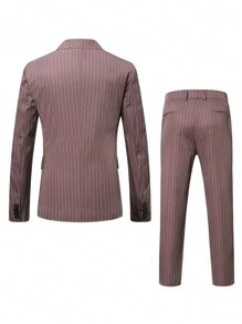 Manfinity Mode Plus Size Men's Striped Lapel Long Sleeve Suit Jacket And Pants Set