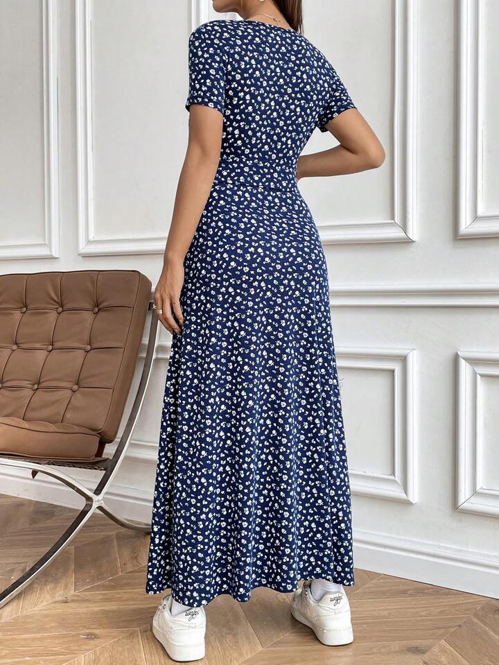 Flirla Small Flower Print Waist-Cinched Dress Maxi Women