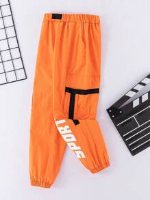 SHEIN Tween Boys' Spring/Summer Letter Print & Woven Tape Patchwork Jogger Pants - Orange - View 3