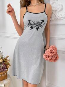 Women's Butterfly Print Color Blocking Decor Spaghetti Strap Sleep Dress Pajama Dress - Grey - View 1
