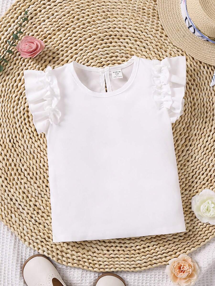 SHEIN 年輕女孩的白色休閒蕾絲修飾上衣,有蕾絲細節和褶皺紋路,夏季新品 - 白色 - 查看 1