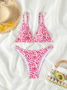 Swim Mod Summer Beach Random Printed Bikini Set With Circular Decor - Multicolor - View 3