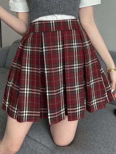 DAZY 格子短百褶裙，秋季圣诞节冬季女装半身裙