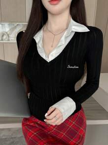 DAZY Contrast Color Splice Shirt Collar, Letter Embroidery, 2 In 1 T-Shirt - Black - View 3
