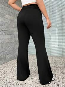 SHEIN Coolane 女式加大码松紧腰褶皱纯色喇叭裤 - 黑色 - 查看 1