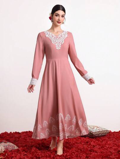 Divindia Women'S Long Sleeve Style Dress With Embroidery Decoration Eid Dress